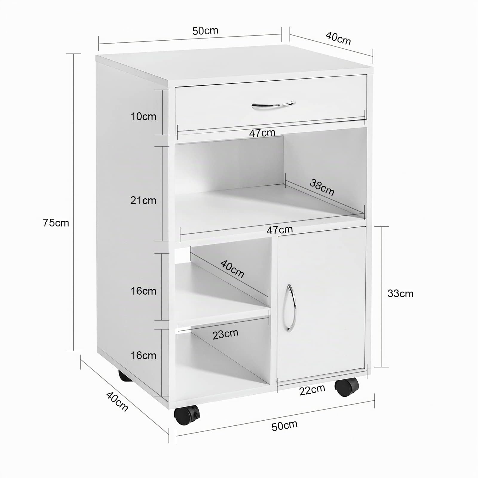 SoBuy Cassettiera Ufficio Cassettiera Scrivania con Ruote Porta Stampante Schedario da Ufficio con Cassetto, Anta e Ripiani Tavolino Salvaspazio Bianco 50x40x75cm FBT106-W