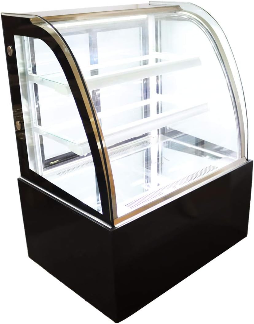 INTSUPERMAI Glass Bakery Display Case 35inch Floor Standing Cake Showcase with Humidifier Function Glass Refrigerated Cake Showcase Bakery Display Case Cabinet Arc-shaped Back Door 220V