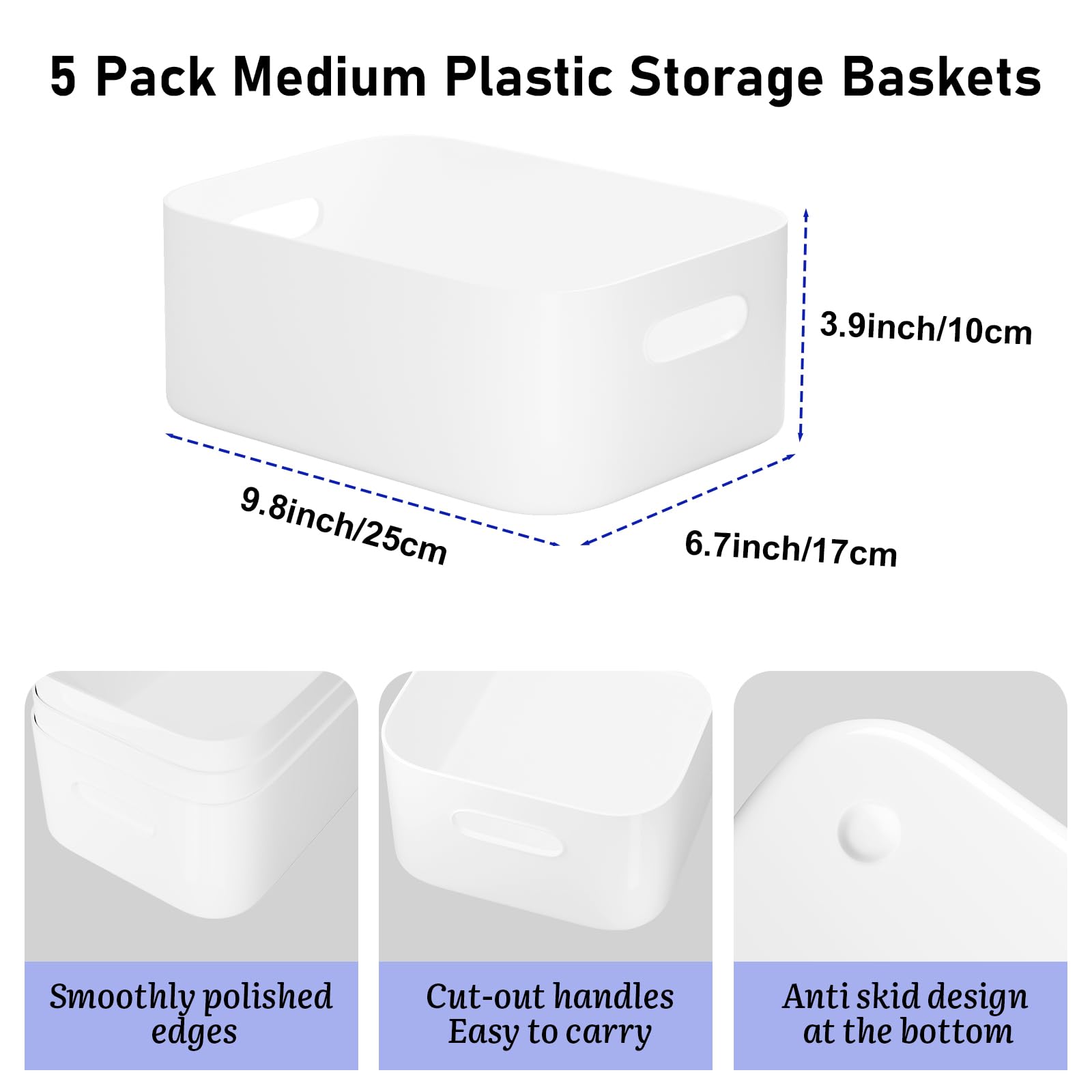 W&H 5 PCS White Plastic Storage Baskets with Handle, Medium Kitchen Cupboard Organiser Box - Image 2