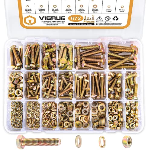 Image of VIGRUE 672PCS Grade 8.8 M4 M5 M6 Metric Bolts Nuts Assortment, Heavy Duty Hex Head Nuts and Bolts Assortment Kit, 13 Metric Sizes Included