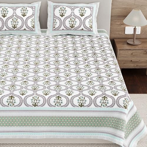 Image of Living Roots Ethnic Jaipur Block Print Double Cotton Bedsheet & 2 Pillow Covers, for Mattress Upto 6 inches Thick, No Colour Bleeding, Olive Green Colour, King Size 90 * 108 inches, 120TC (604-C)
