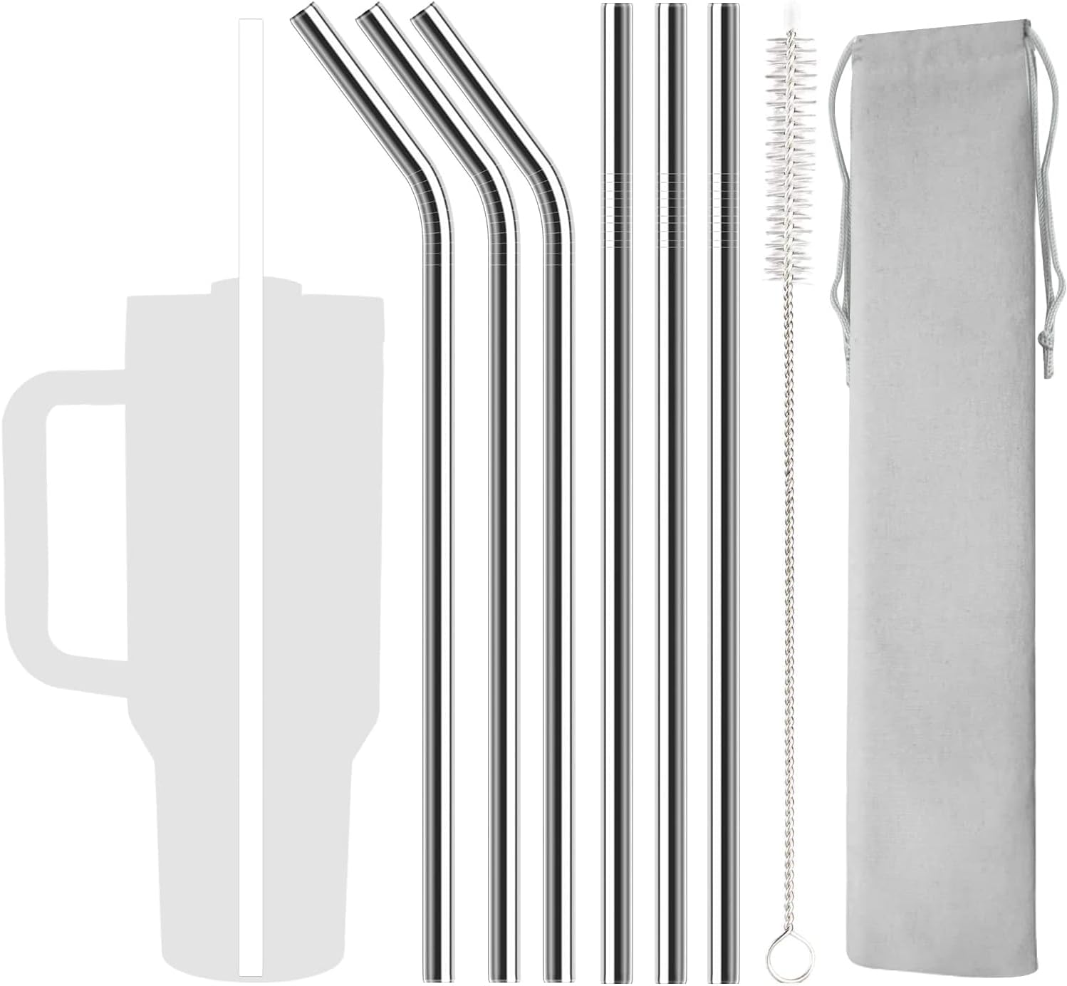 6 Pack Reusable Stainless Steel Straws Replacement for Stanley 40oz Cup Adventure Tumbler, 12.2" Metal Straws with Cleaning Brush & Storage Bag