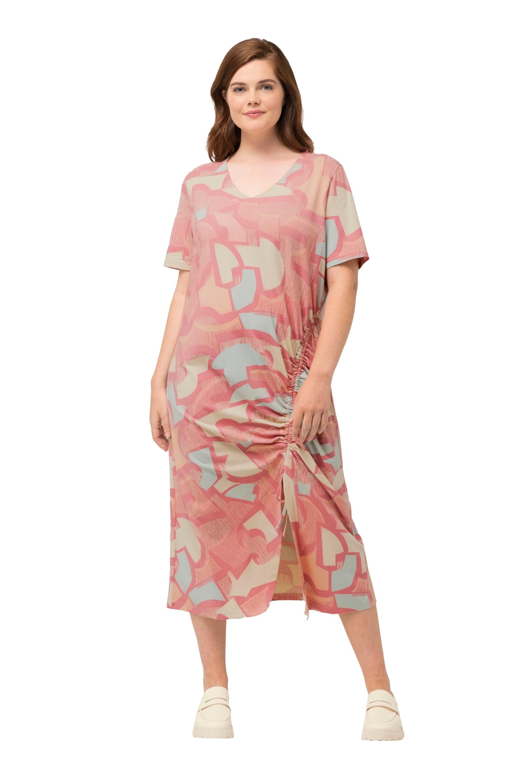 Ulla Popken Damen große Größen Übergrößen Plus Size Maxikleid, Raffband, V-Ausschnitt, Halbarm, Biobaumwolle 824342