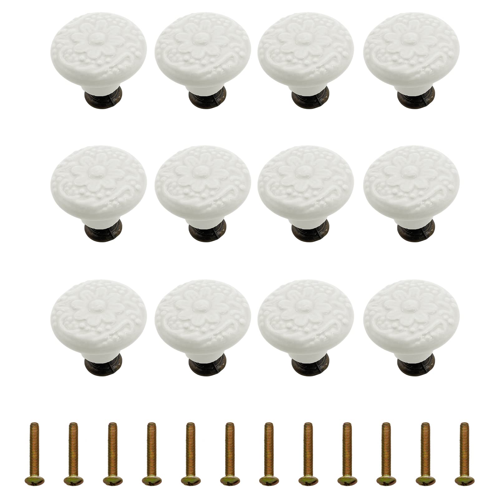 12 Pcs Ceramic Knobs, 34mm/1.33 Inch Diameter Floral Ceramic Cabinet Knobs Decorative Knobs Round Dresser Knobs Drawer Pulls Handles Single Knobs with Screws for Furniture Cabinet (White)
