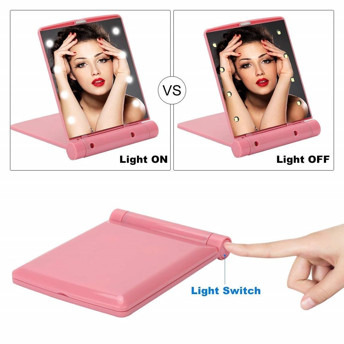 MOBDESK Mini Makeup Mirror with 8 Bright Led Lights Travel Tiny Mirror Folding Mirror Pocket Purse Size Hand Cosmetic Pocket Mirror Folding Handheld Lighting Kits for Teen Girls & Women 2
