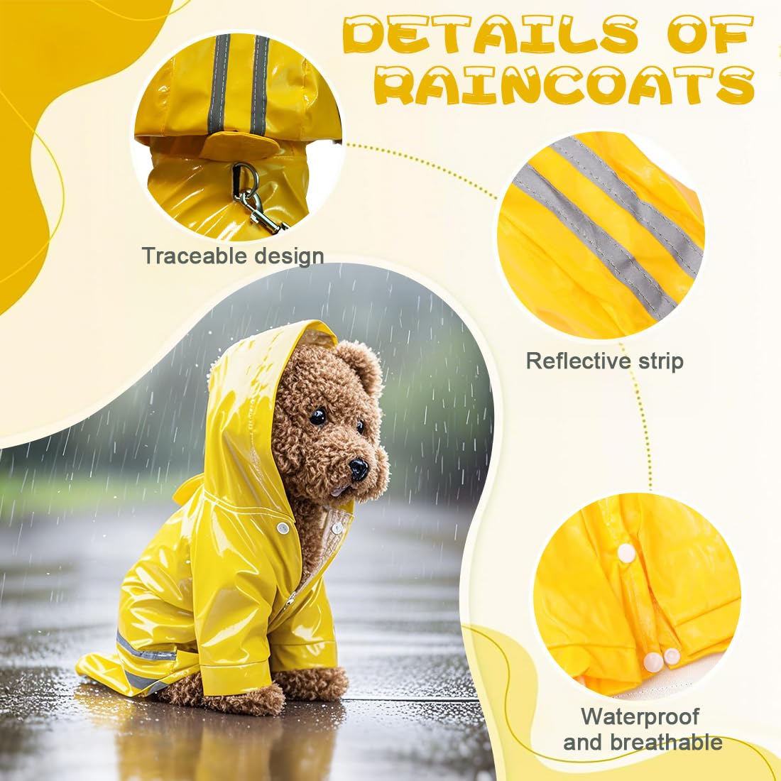 réfléchissante Manteau Chien Pluie avec Capuche Manteau imperméable avec Trou de Laisse légère réglable Poncho,Étanche Ultraléger et Aéré, pour Les Races Petites Moyennes,Giallo (1.5 à 2.5 kg)