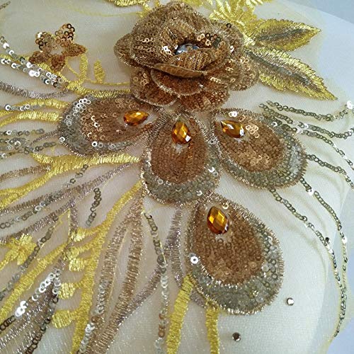 1 Pcs Craft Diamond Insert Feather Sequin Floral Embroidered Applique Trim Decorated Lace Neckline Collar Clothing DIY Sewing Patches (Yellow)