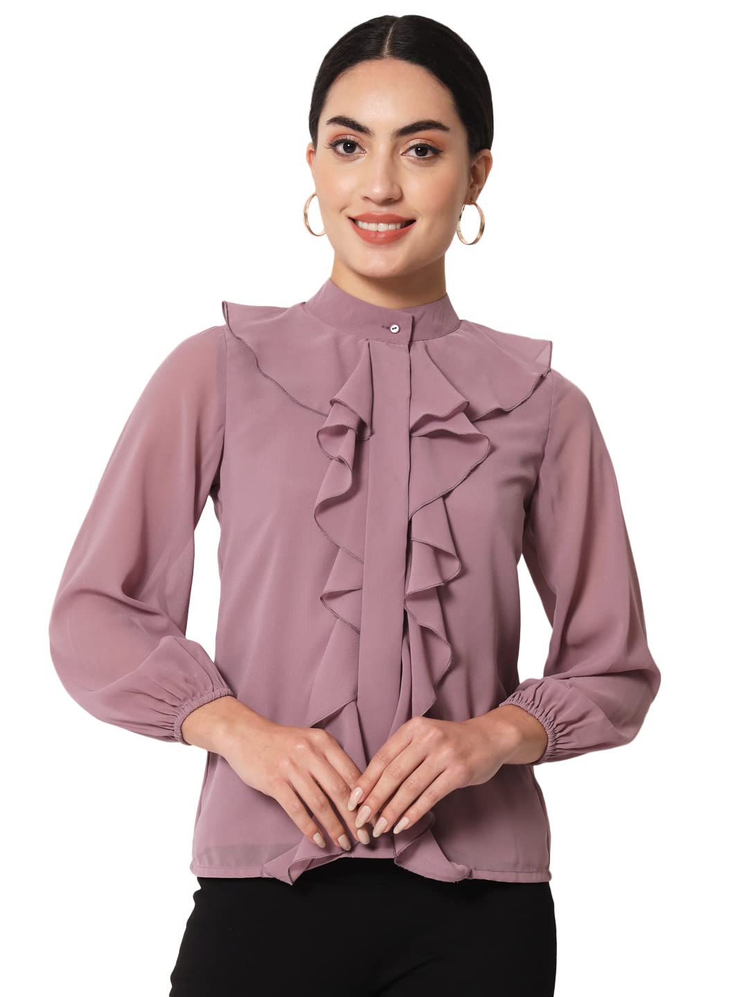 ALL WAYS YOUWomen's Casual Solid 3/4 Sleeve Poly Georgette Ruffle Top for Women (A2107TPPL502)