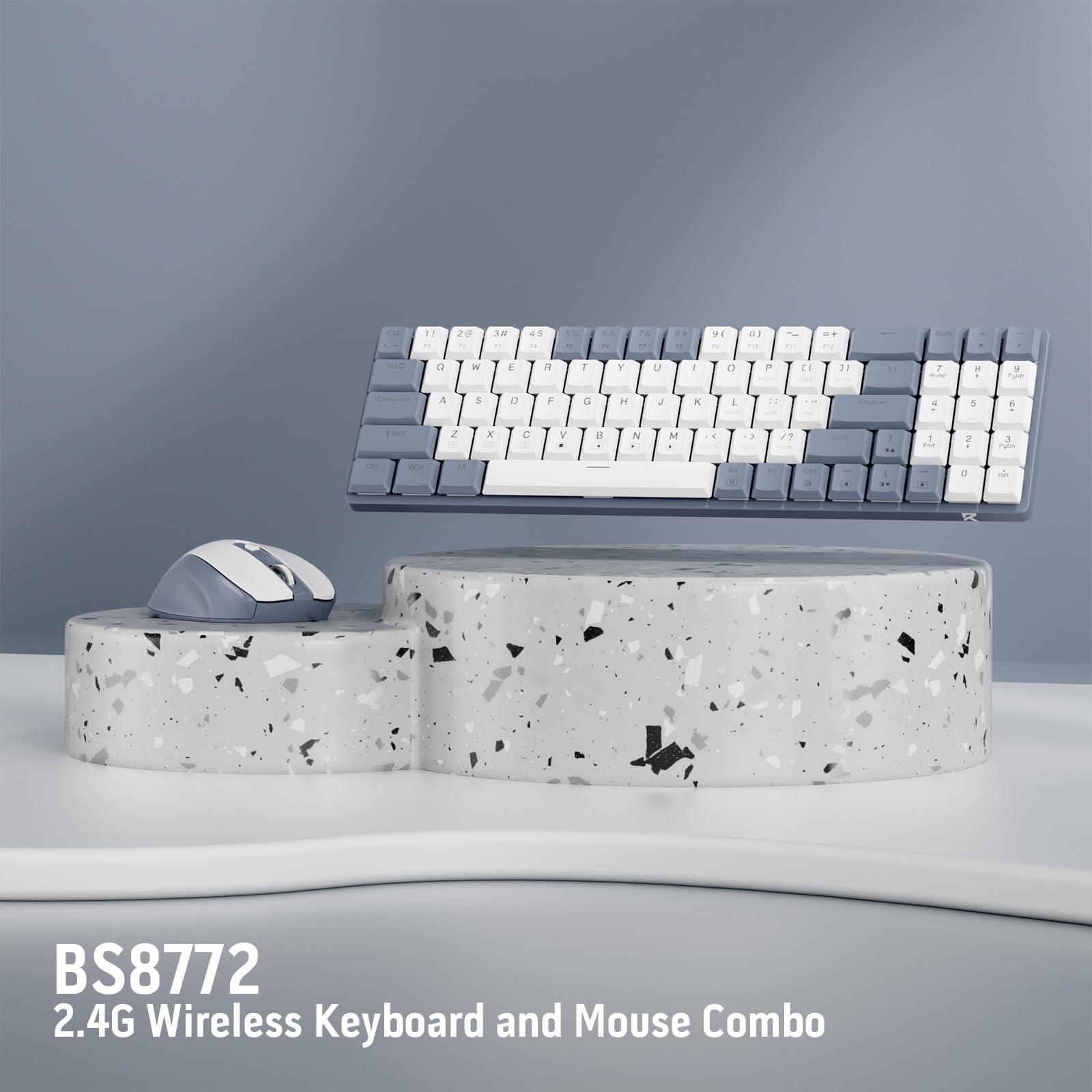 Redragon BS135 Kabellose Tastatur- und Mauskombination, 75% 78 Tasten 2,4 GHz mechanische Tastatur mit niedrigem Profil, wiederaufladbare Batterie, blaues Schwarzlicht, ergonomische Maus mit 2400 DPI