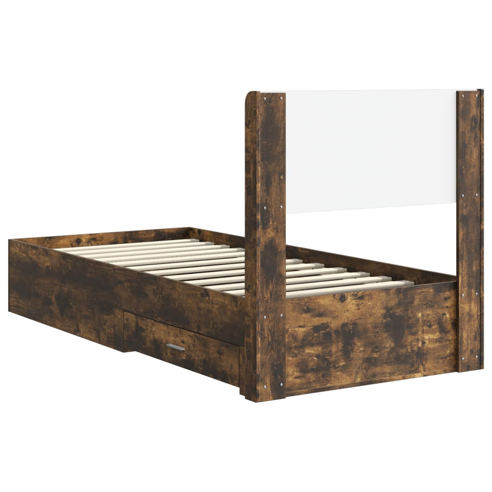 Rama de cama con almacenamiento y cabecero Rovere Fumo 105x203 cm somier de listones fijos compartimentos integrados estructura moderna madera ingenierizada soporte 140 kg fácil montaje