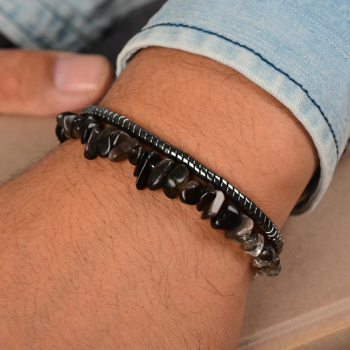 Men's Obsidian & Black Rutilated Quartz Bracelet, Handcrafted with Adjustable Stainless Steel Dual Clasp, Business Daily Wear Jewelry for Personal Use, Gifting to Self, Dad, Boyfriend