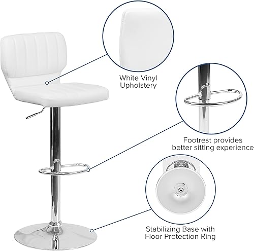 Miniatura 4 de Flash Furniture Jeremy Taburete de barra de vinilo blanco contemporáneo de altura ajustable con parte trasera de puntada vertical y base cromada