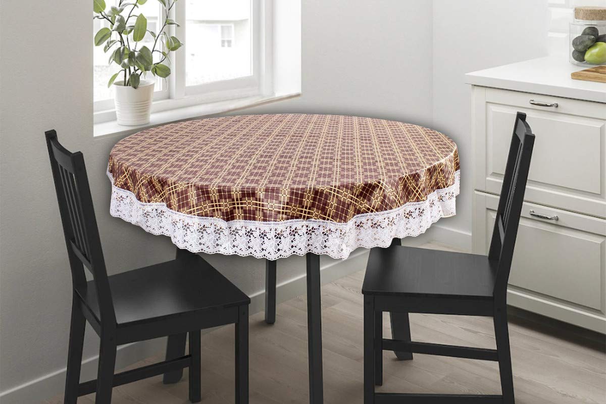 The Furnishing Tree Round Shaped WxL 48x48 Inch Center Table Cover Checkered Pattern Brown, Waterproof PVC-picture-23