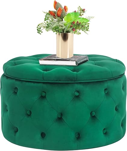 Miniatura 12 de Adeco Moderna silla otomana redonda de almacenamiento de 28 pulgadas, reposapiés otomano tapizado con botones con almacenamiento para sala de estar