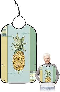Kewadony Adult Bibs for Elderly Women - Summer Pineapple Waterproof Dining Clothing Protectors with Crumb Catcher for Eating/Feeding, Fruits Yellow Blue Green Geometric Terry Cloth Bib Washable