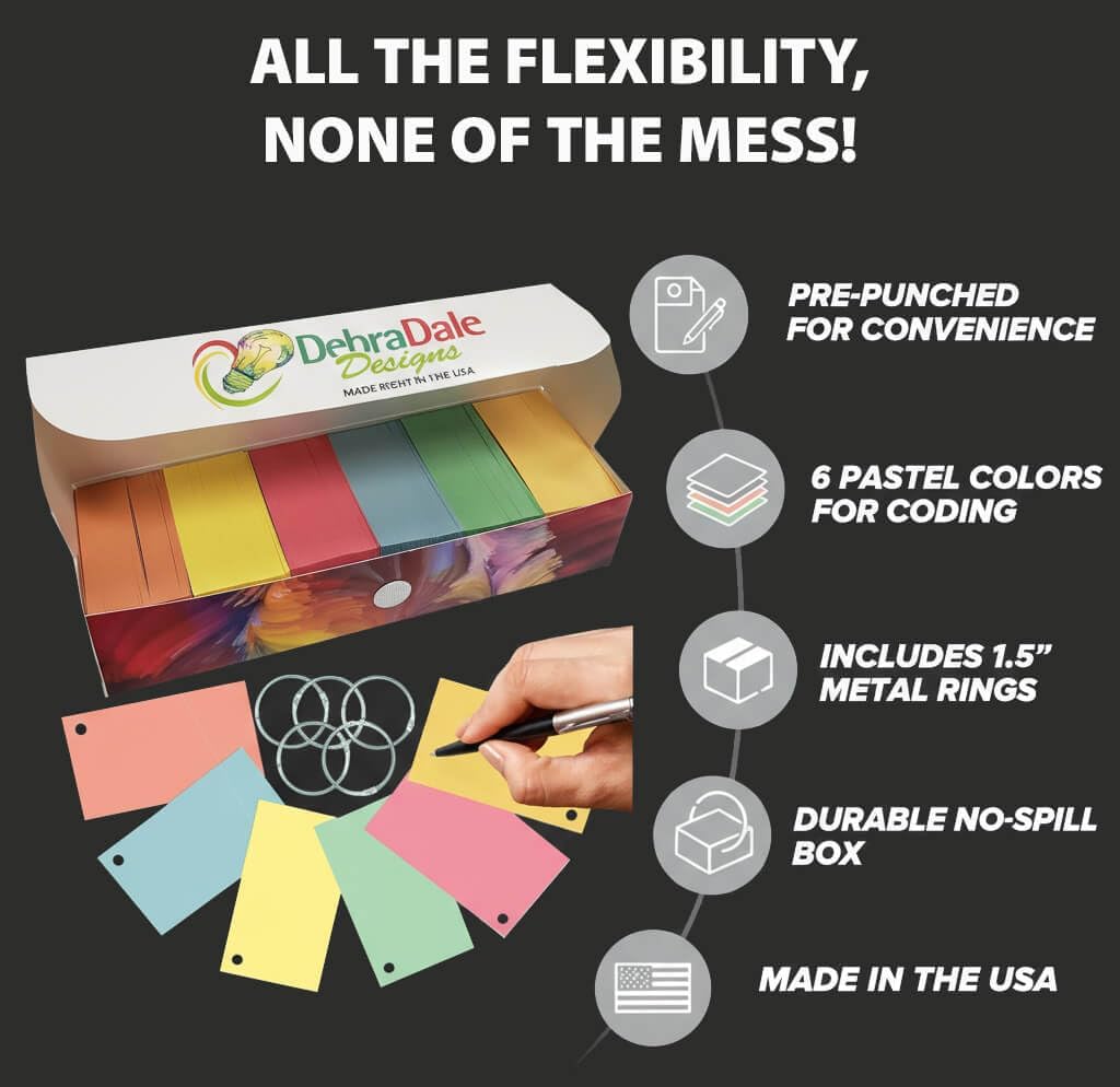 Debra Dale Designs 1,000 Blank Flash Cards - Business Card Size, 110# 199 gsm Durable Pastel Index Cards, Pre-Punched with Rings, Unlined, Colorful Study Cards, Includes Sturdy Storage Box 2x3.5 Inch