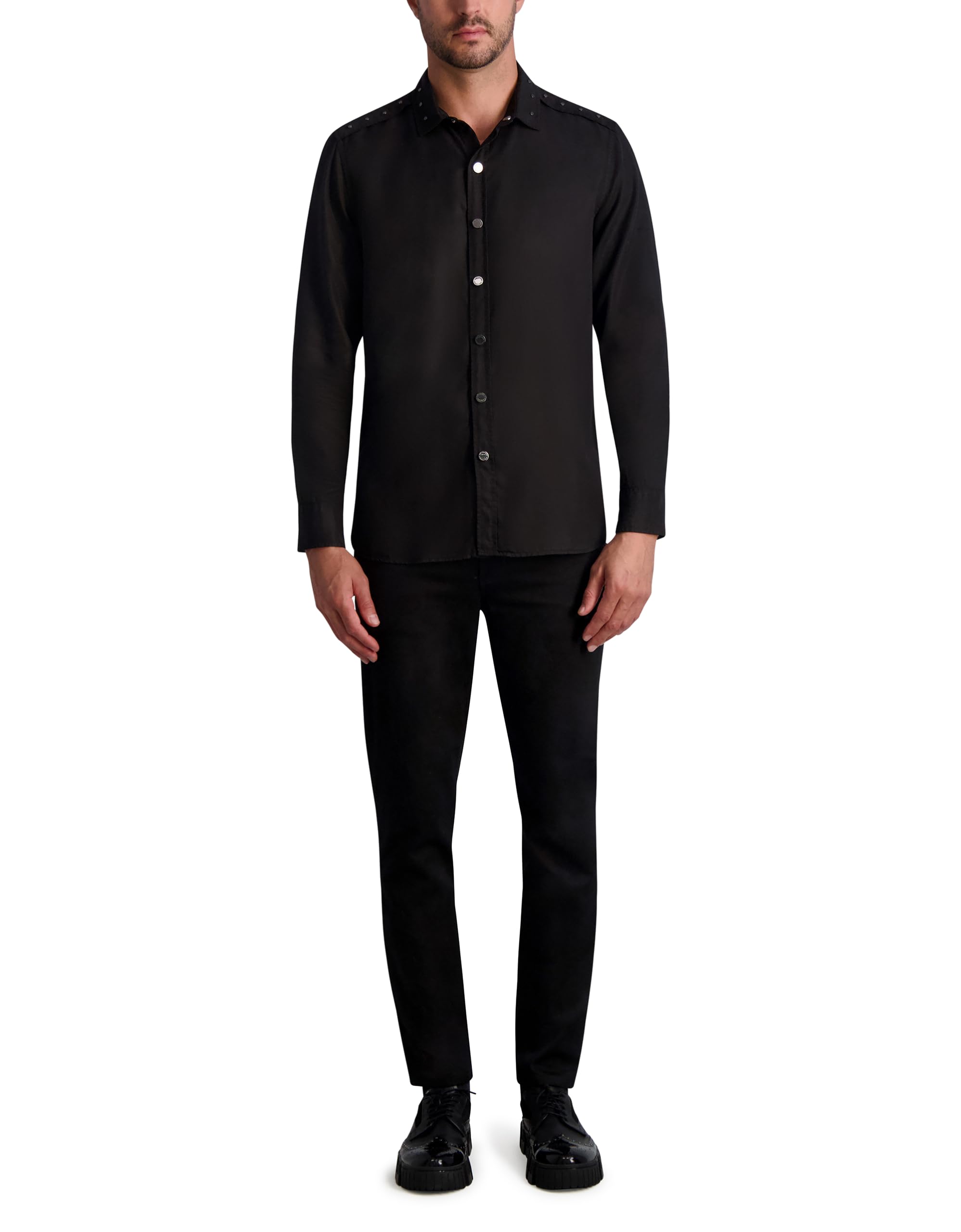 Karl Lagerfeld Men's Stud Details Long Sleeve Lt Weight Shirt