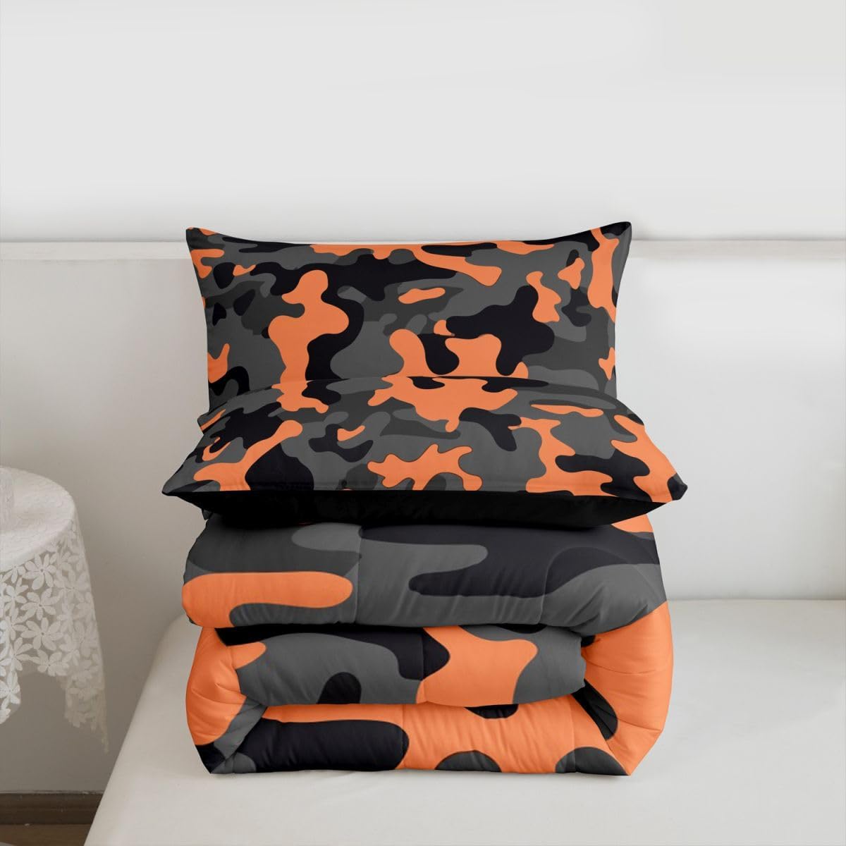 Feelyou Army Camo Bedding Set Teens Camo Comforter Set for Kids Boys Girls Colorful Pattern Decor Lightweight Comforter Orange Black Grey Camouflage Quilt Set Bedroom Collection 2Pcs Twin Size