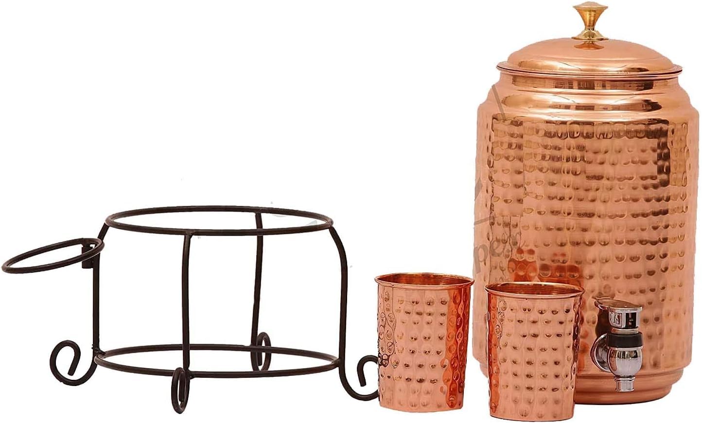 Pure - Dispensador de agua 100% cobre martillado (Matka/Martillo), jarra de 5000 ml, con 2 vasos de cobre y soporte de hierro para el hogar y la cocina