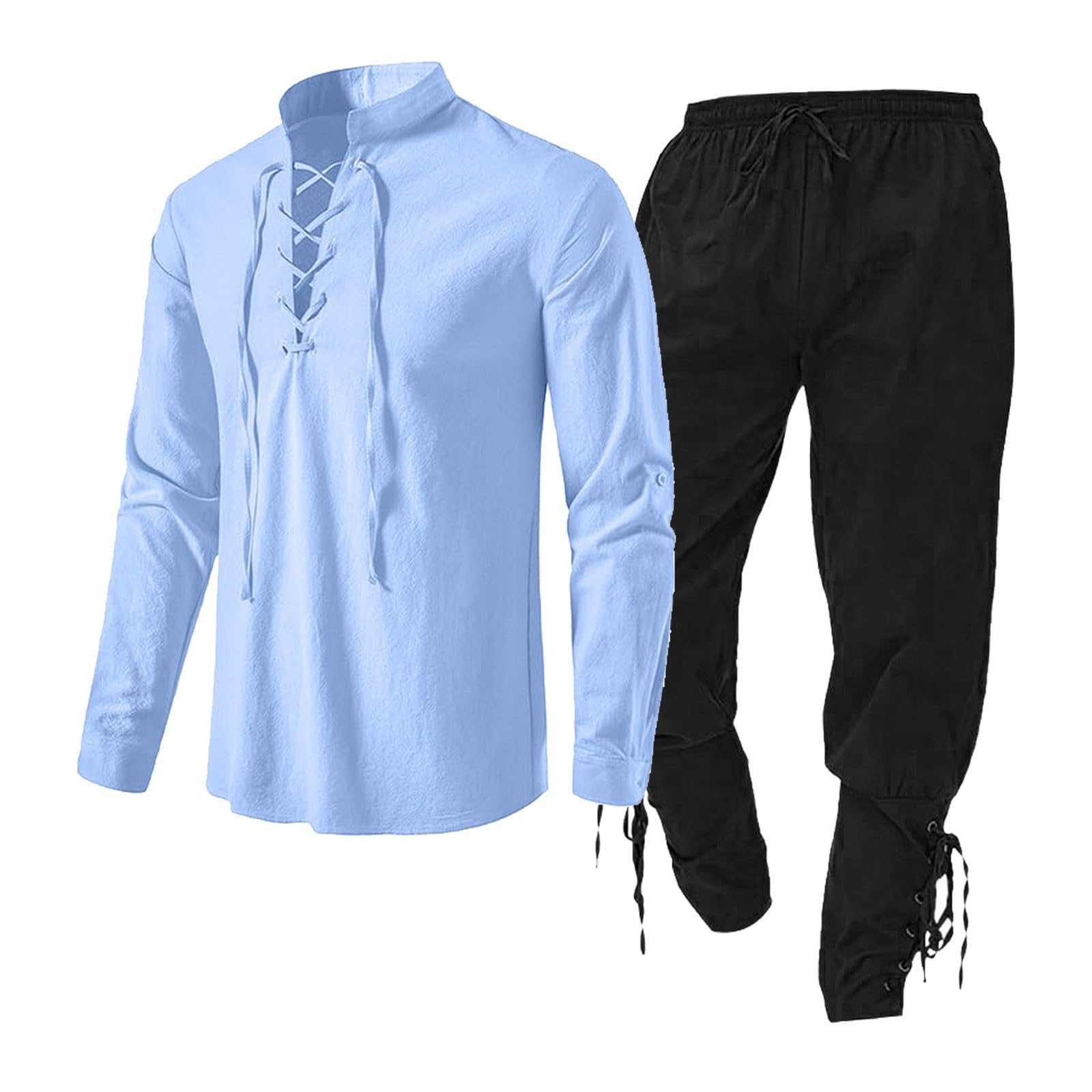 Medieval Men's Clothing Set, Linen Shirt and Pants with Ankle Straps Viking Costume Set Lace Up Tunic Top Outfit for Theme Parties Renaissance Fairs (Blue, XL)