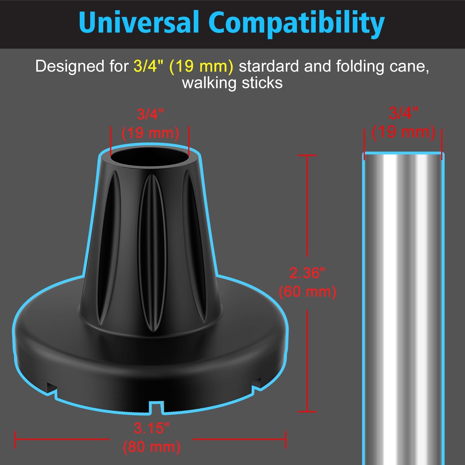 supregear Cane Tips 3/4 inch Heavy Duty, Anti-Slip Durable Rubber Tips All Terrain, Extreme Grip Replacement Feet Caps, Widen Base with Metal Insert for Seniors Elderly, 2-Pack, Black