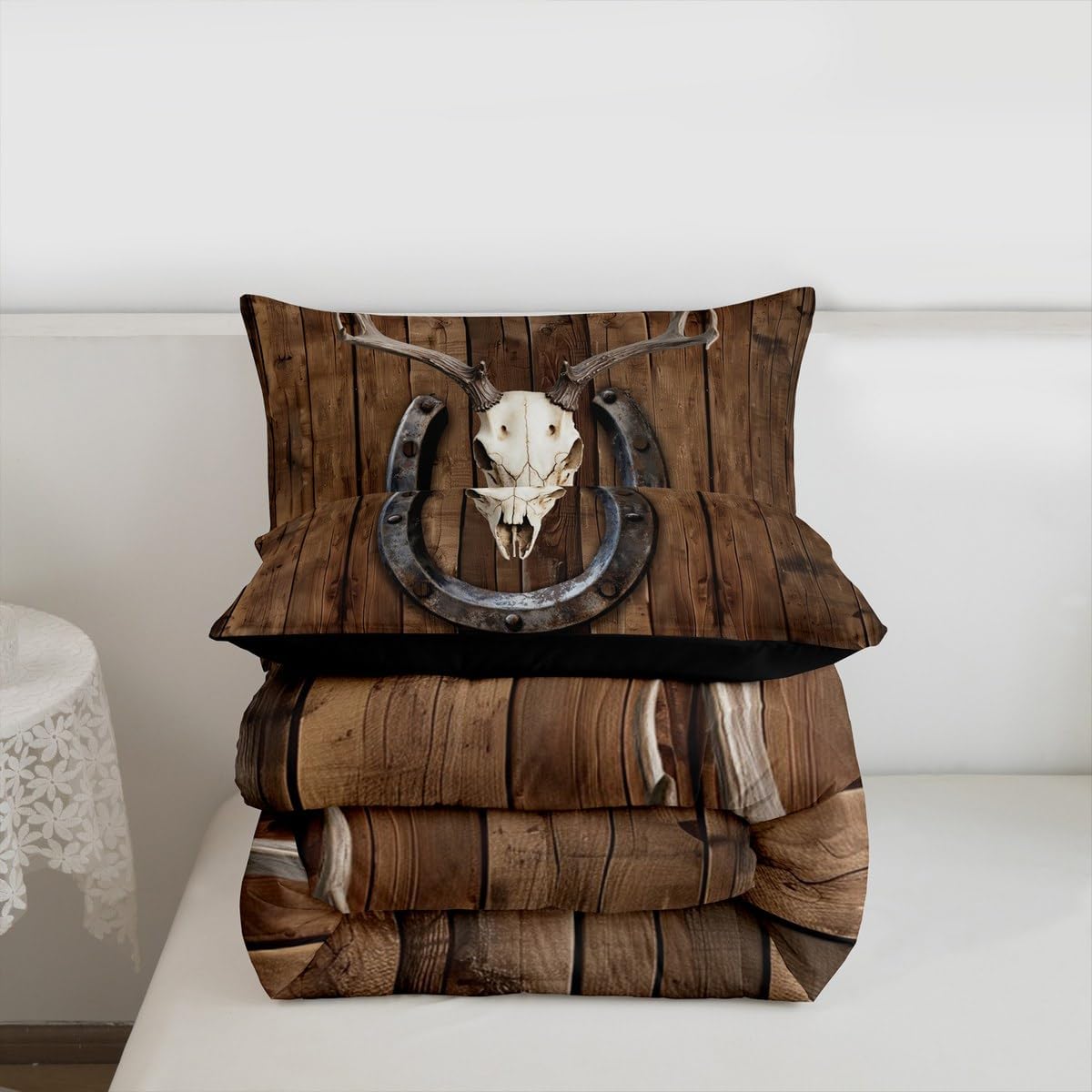 Castle Fairy Deer Skull Comforter Set Queen Size,Cowboy Horseshoe Bedding 3pcs Home Room Decor Rustic Farmhouse Cabin Wood Quilted Duvet Western Hunt Insert,Brown,ZZRS1418ZMD-BZ_USq