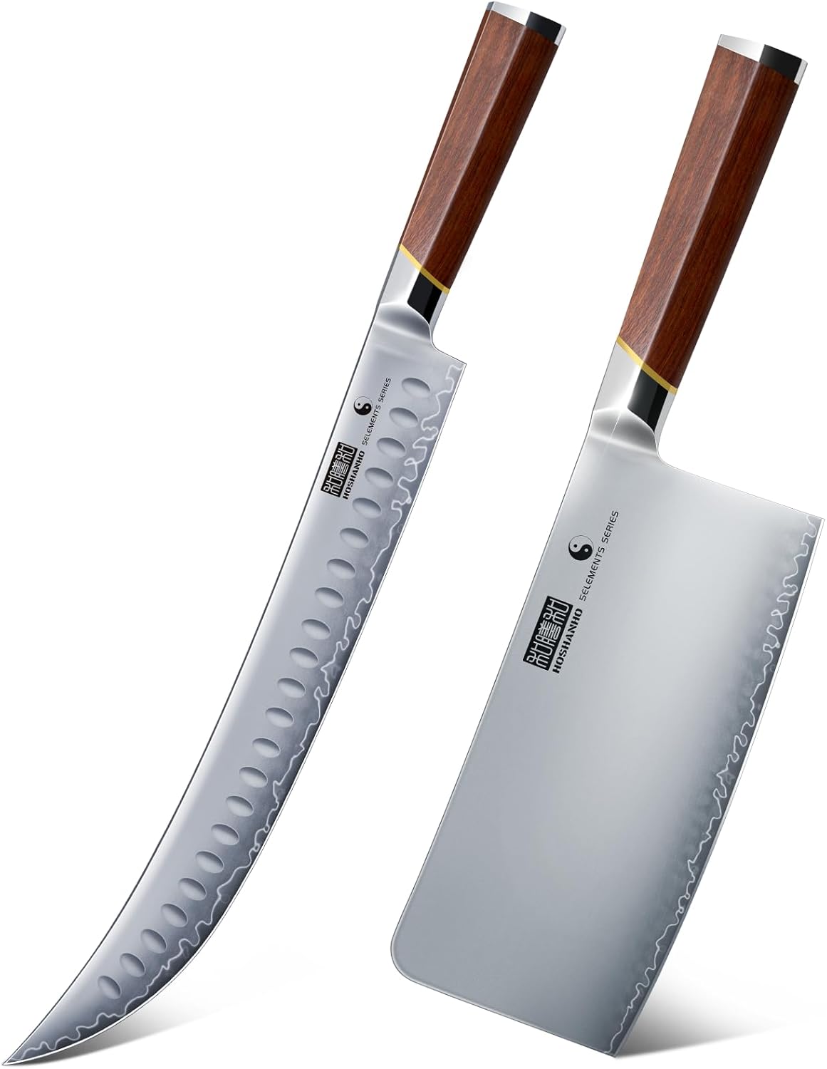 HOSHANHO Brisket Slicing Knife 12 Inch & Cleaver Knife 7 Inch, Razor Sharp Japanese High Carbon Steel Meat Cleaver, Professional Curved Carving Knives for Meat, BBQ