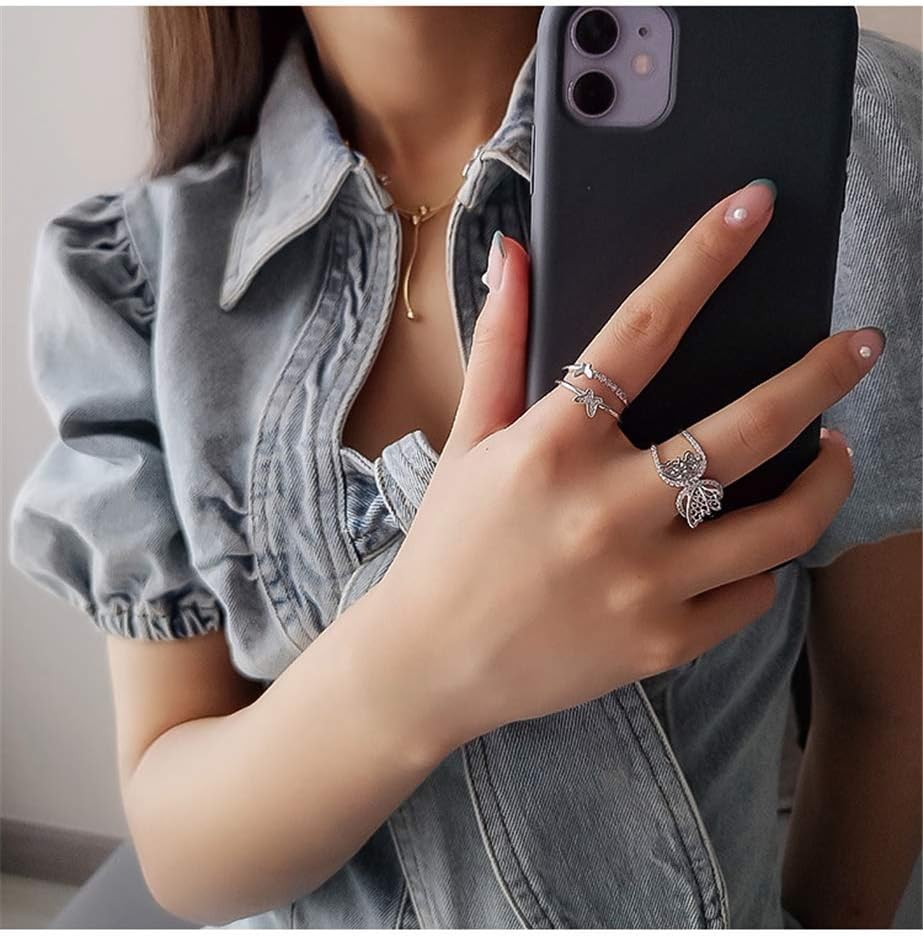 CZ Butterfly 925 Sterling Silver Ring for Women Crystal Promise Statement Stacking Expandable Open Rings Adjustable Hand Made Jewelry Dainty Birthday Anniversary Christmas Valentines Gift