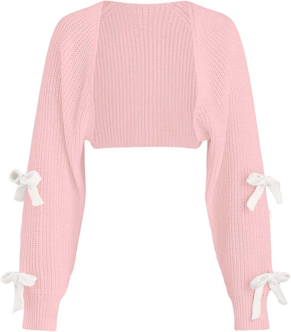 SHENHE Women's Open Front Ribbed Knit Bow Cute Cropped Cardigan Bolero Sweater Shrug