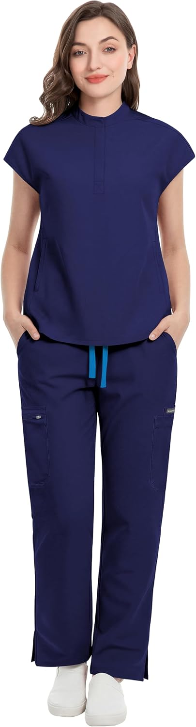niaahinn Scrub for Women - Mandarin Collar Scrubs Top & Straight-leg Pants, Medical Scrub Sets for Nurse