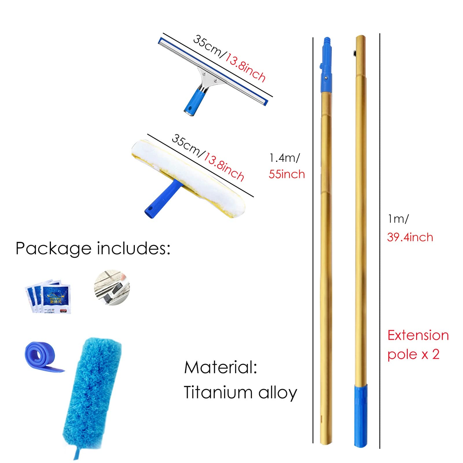 Lavavetri Tergivetri Puliscivetri Seccatoio Per La Pulizia Delle Finestre Con Asta Di Prolunga, Professionale Kit Di Spolverini Ad Alta Portata, Per Auto, Interno/esterno Vetro Per Interni/esterni ( S
