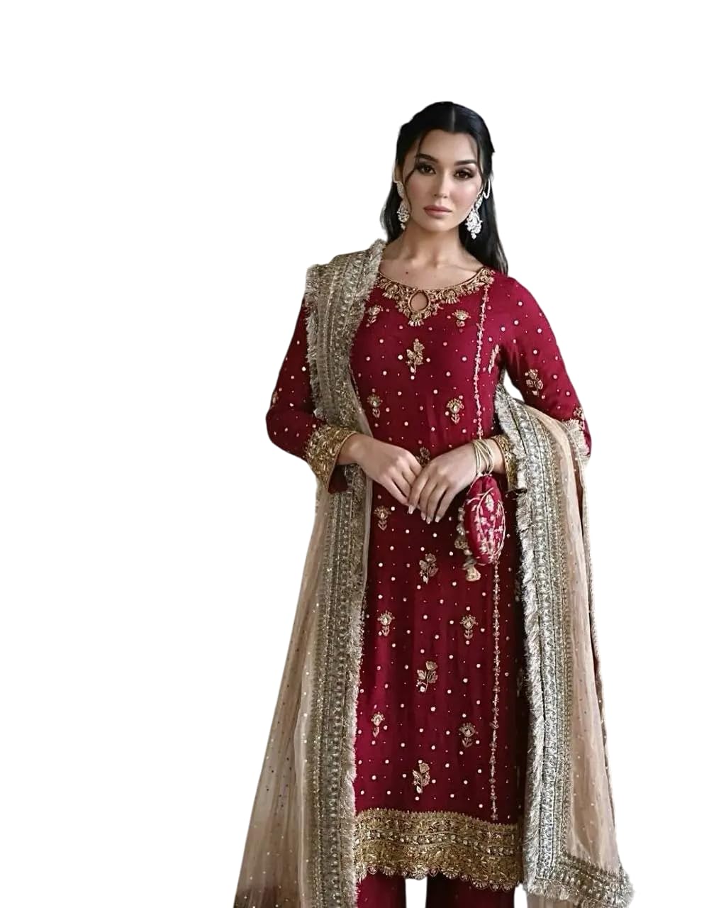 Women's Faux Georgette Embroidered Straight Kurti With Pant & Dupatta Set-image-34