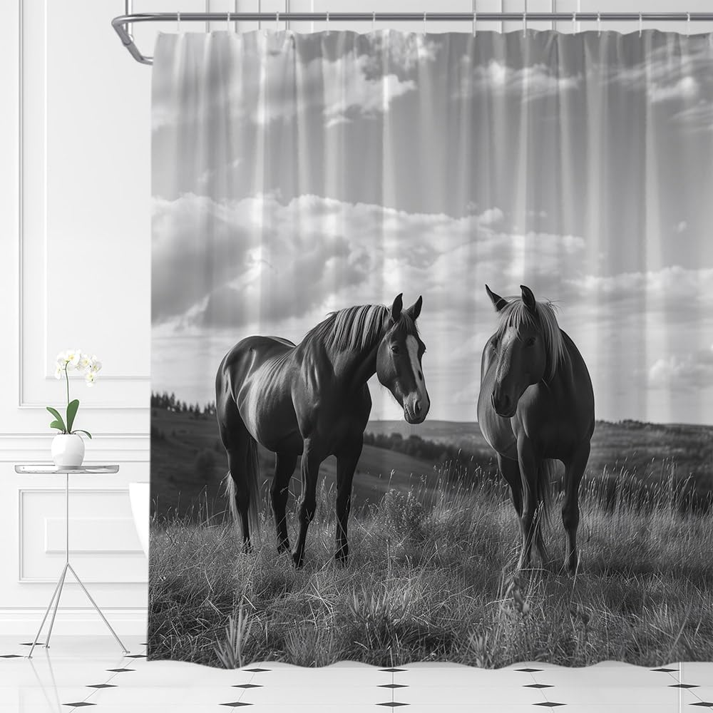 AMFD Horse Shower Curtain Southwest Cowboy Rustic Farmhouse Animal Retro Art Print Modern Fabric Bathroom Decor Curtains Set Include Hooks,(70"" Wx74.8 H), Black Gray