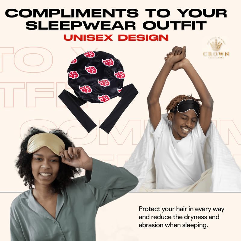 Non Slip Anime Bonnet with Tie Adjustable Women and Men Silky Bonnets for Sleeping Comfortable Satin Fabric, Akat