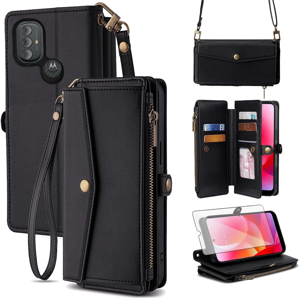 Asuwish Phone Case for Motorola Moto G Power 2022/MotoG Play 2023/G Pure 2021 Zipper Wallet Cover with Screen Protector and Leather Card Holder Slot Stand Wrist Strap XT2165DL XT2163DL Women Men Black