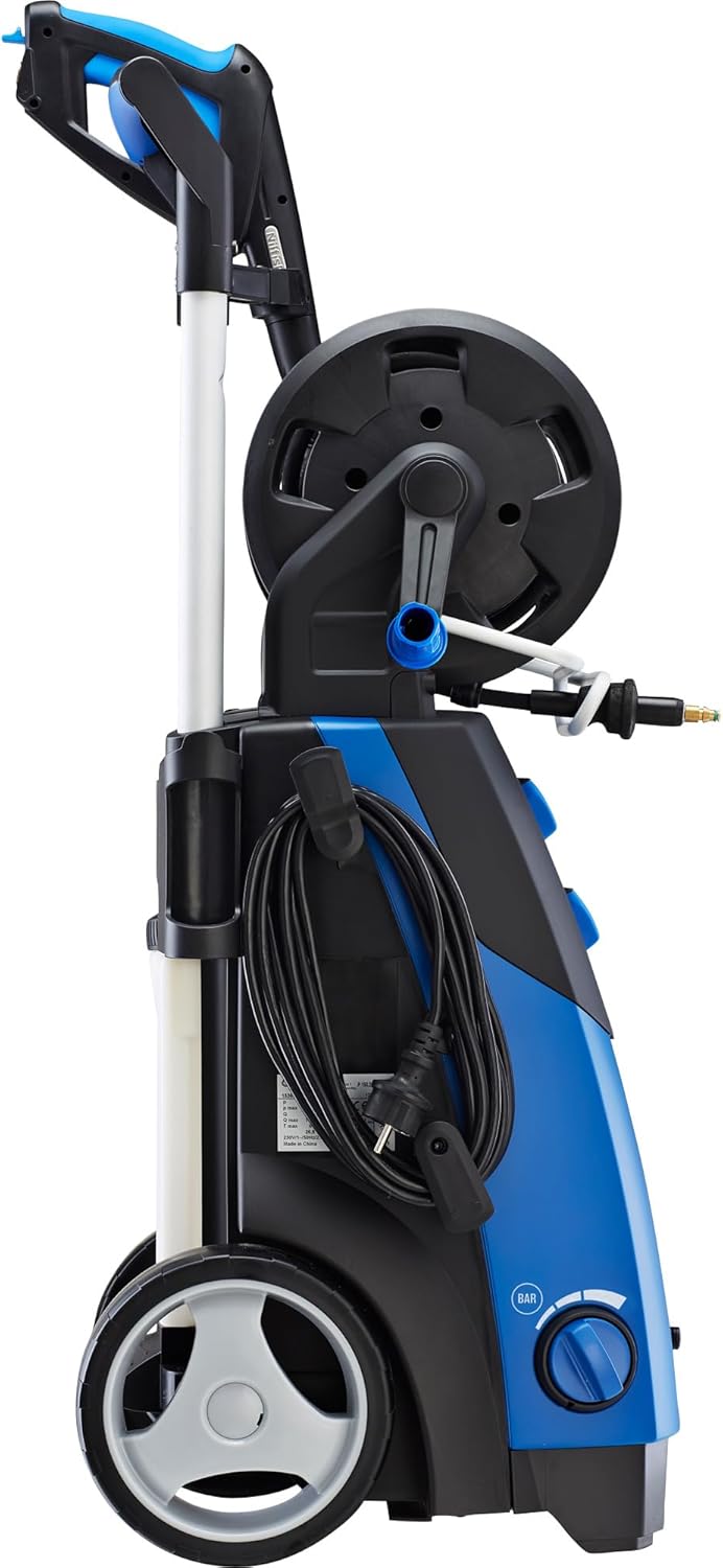 اړخ view of Nilfisk Premium 190-12 High-Pressure Washer with hose reel and power cord.