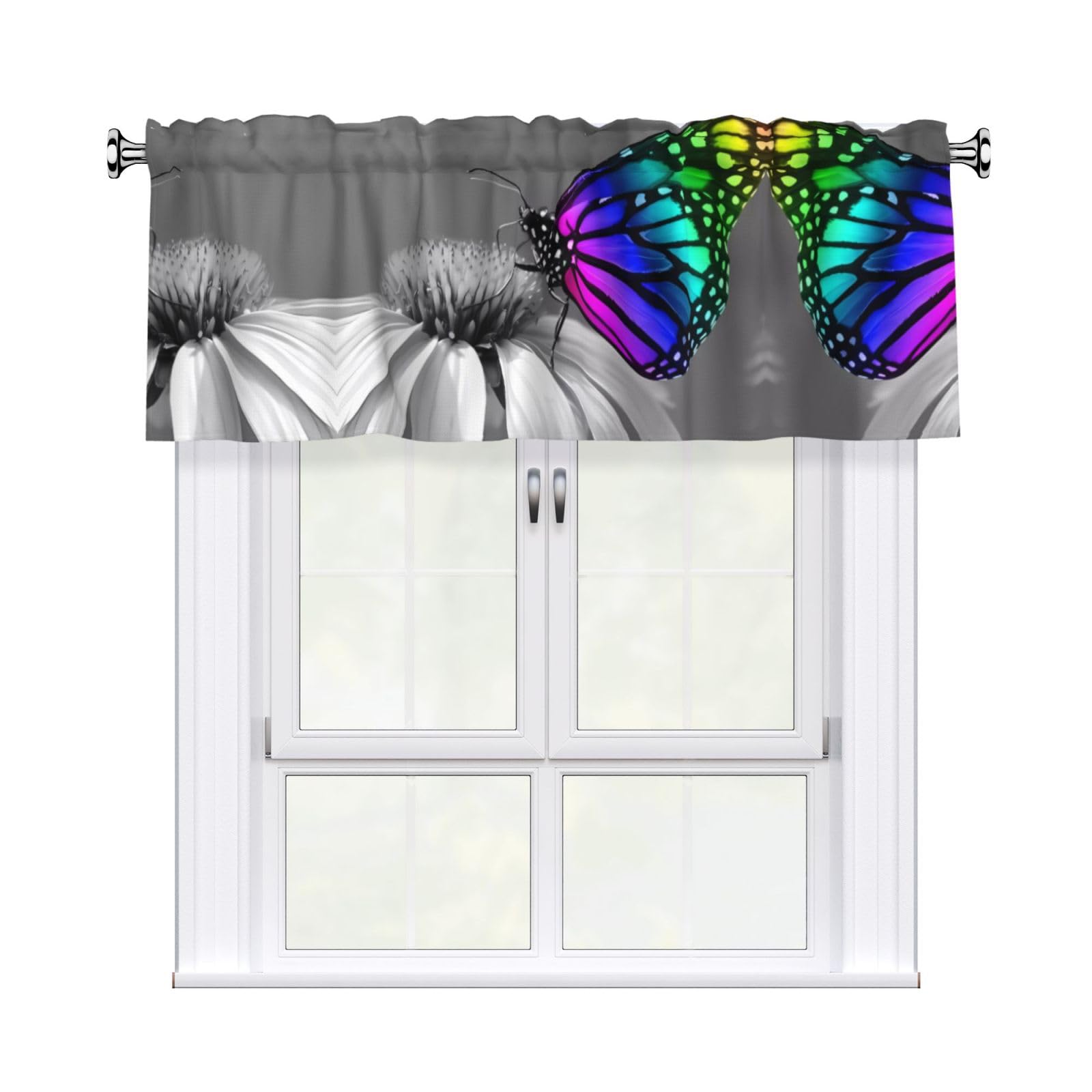 WHJSHOP Butterfly Prints Curtain Valance 54x18in - Peach Skin Kitchen Window Layer, Filtered Light & Quick-Install Rod Pocket Cover