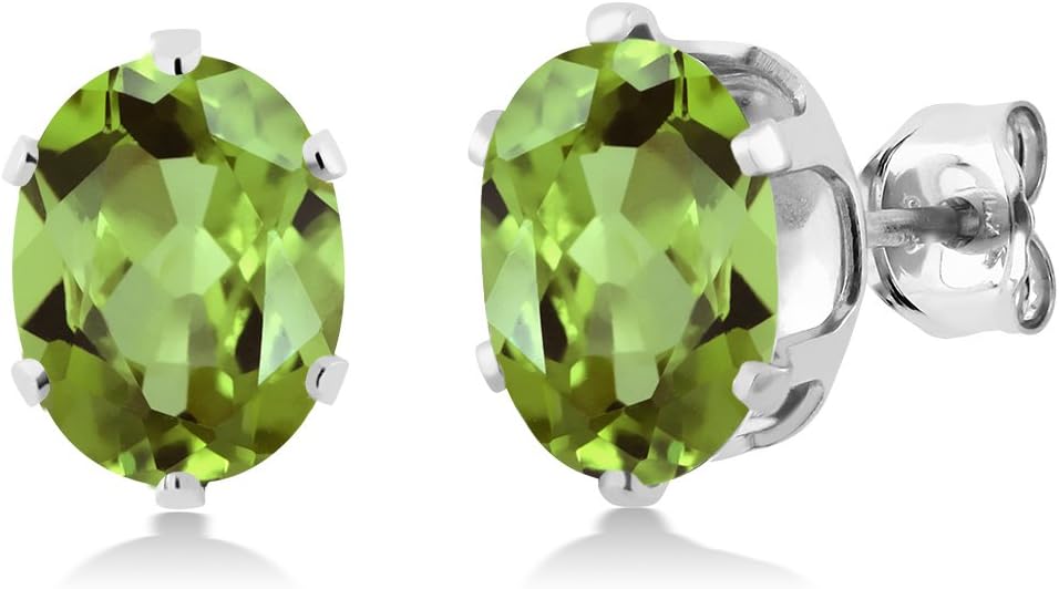 925 Sterling Silver Green Peridot Stud Earrings For Women (2.60 Cttw, Gemstone Birthstone, Oval 8X6MM)
