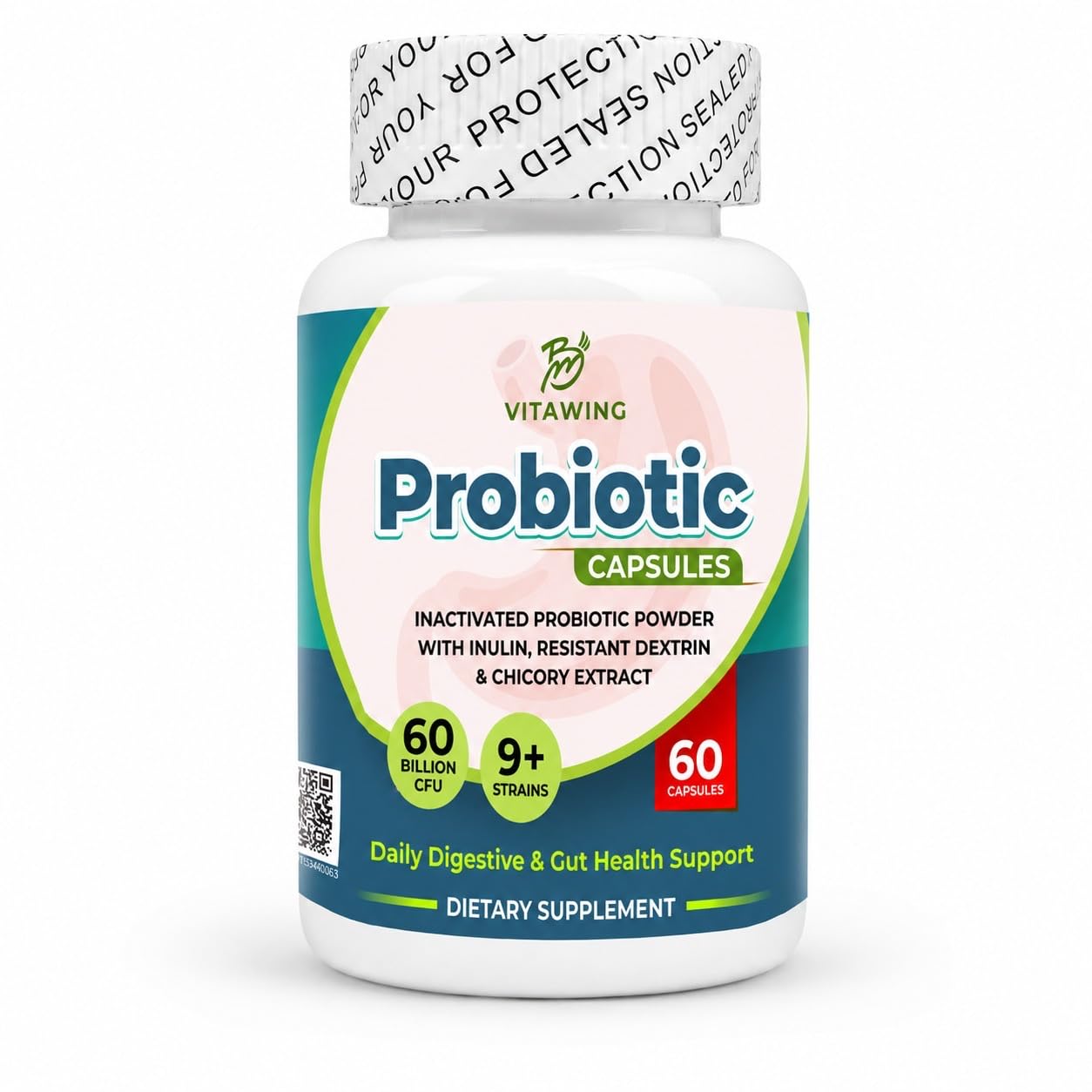 Probiotic Capsules for Women and Men, 60 Billion CFU Lactobacillus Supplement with 9+ Strains and Prebiotic Inulin and Chicory Extract, Gut and Immune Support for Women and Men, 60 Count