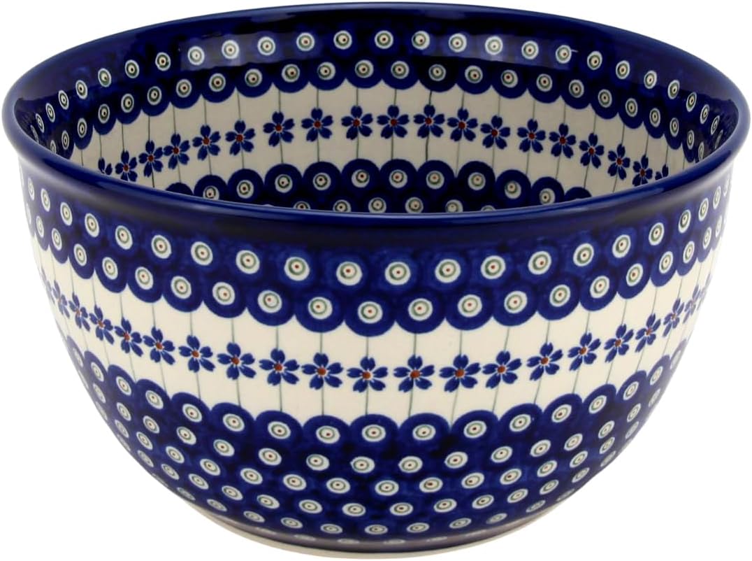 Polish Pottery Market Large Mixing Bowl - 5 Quarts Handcrafted Polish Stoneware by Zakłady Bolesławiec, Poland - Large Serving Bowls for Cooking, Salad, Popcorn, Salad Mixing