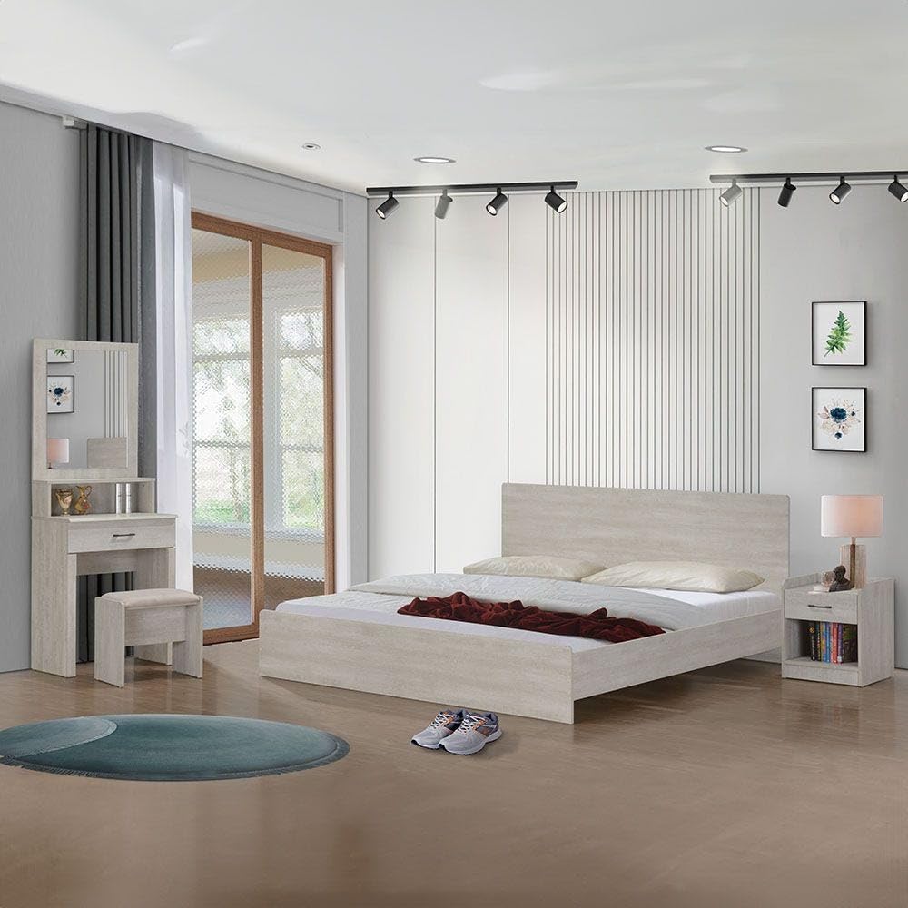 Danube Home Celestina King Size Bed Frame, Nightstand And Dresser Set | 180x200 Bedroom Set | Sturdy Modern Design Wooden Double Bedroom Set Furniture | Comfortable Bedset For Bed Room -White Wash