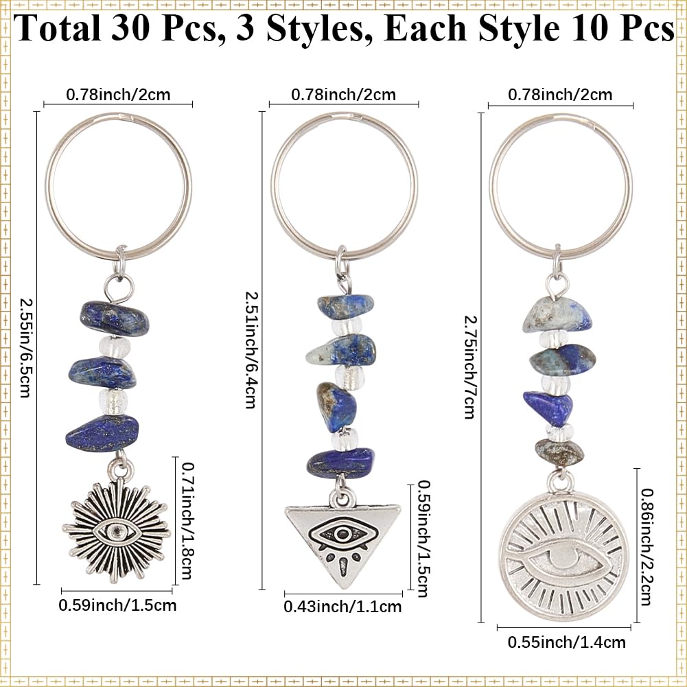CRASPIRE 1 Box 30Pcs 3 Styles Evil Eye Keychains Lucky Key Chains Protection Natural Lapis Lazuli Stone Tibetan Style Alloy Charm Keychain Keyring for Bag Keychain Party Inspirational Gift DIY Making - Image 2