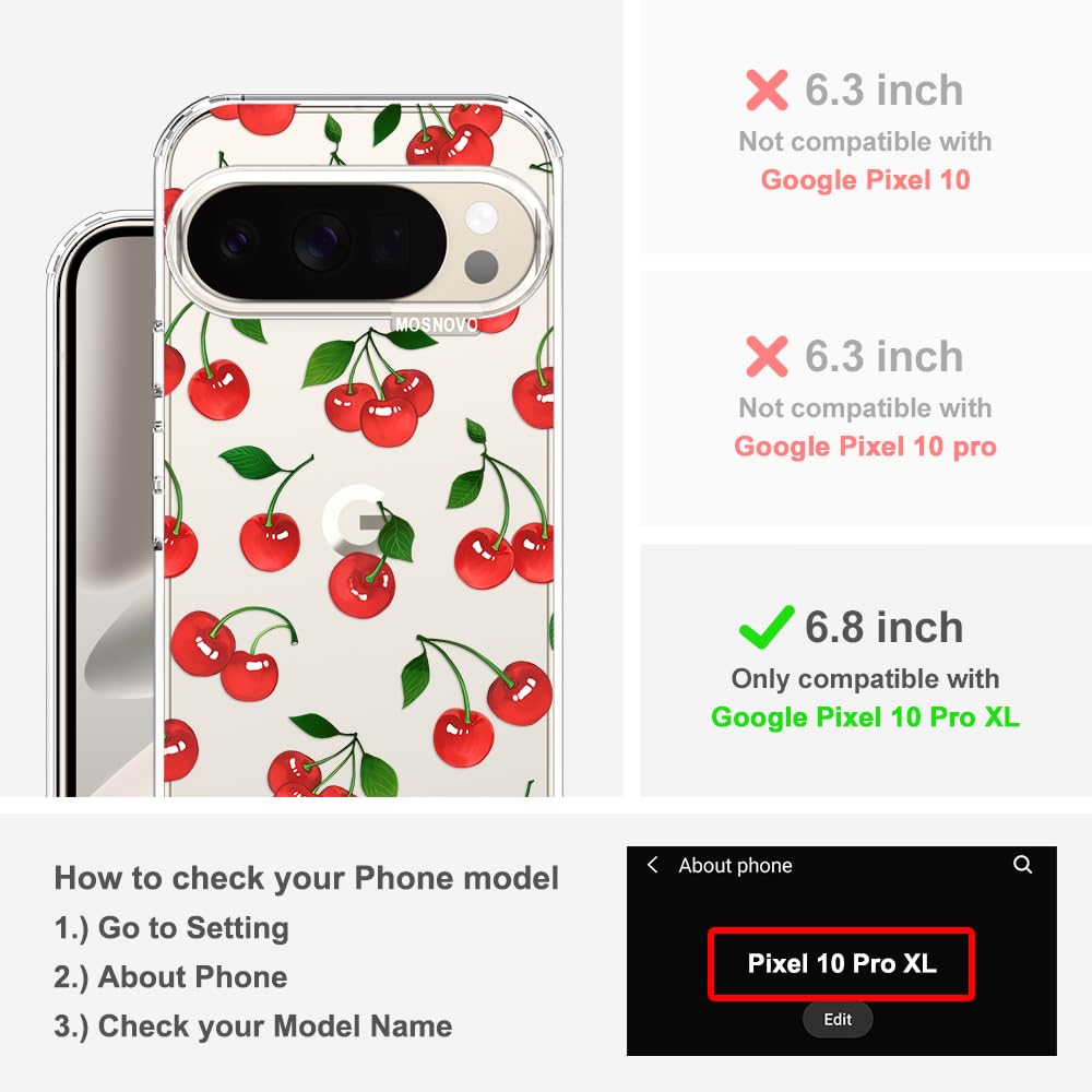 MOSNOVO Case for Google Pixel 10 & Pixel 10 Pro, [Buffertech 6.6ft Military-Grade Drop Protection] [Anti Peel Off Tech] Clear TPU Bumper Phone Case Cover Design - Cute Cherry — view 622