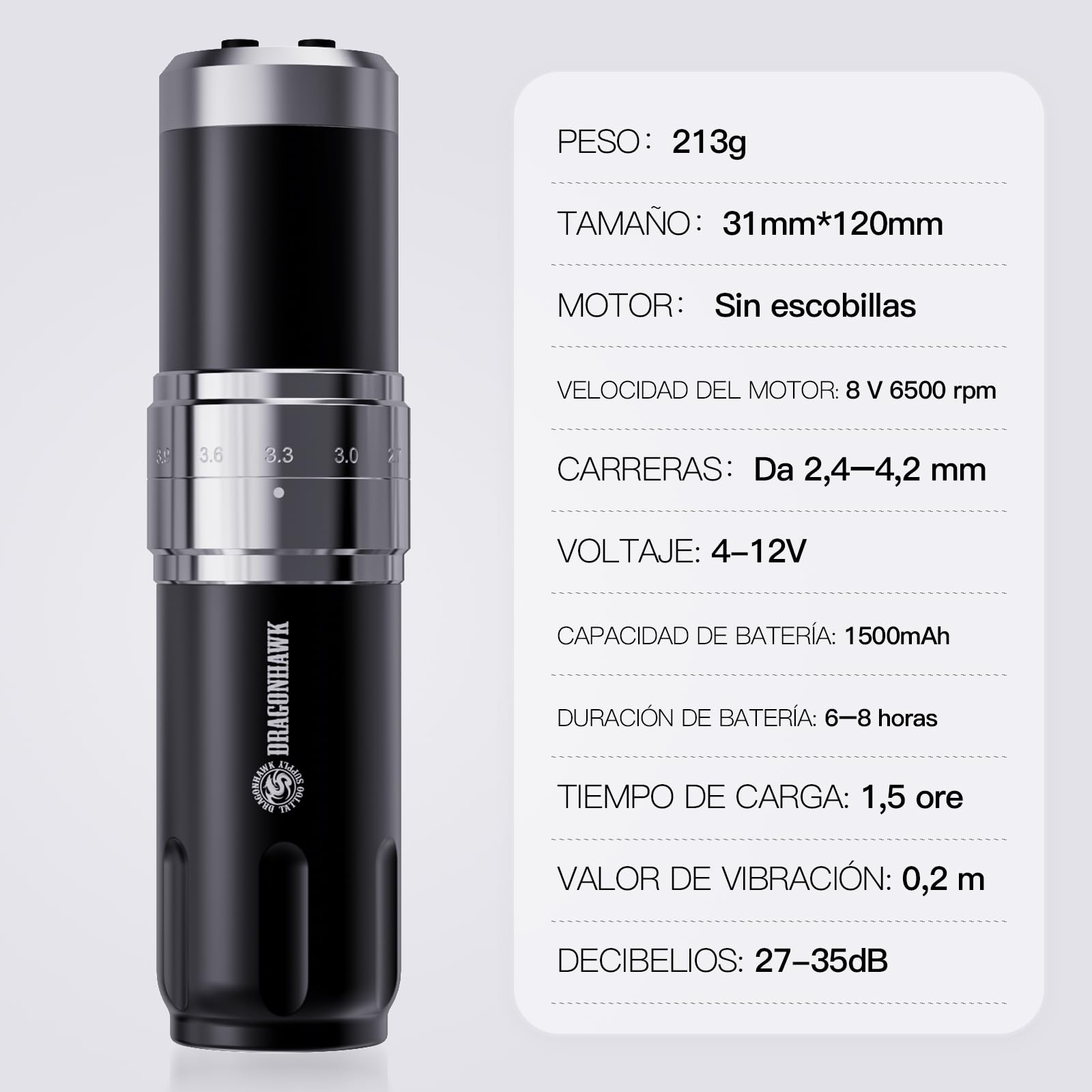 Dragonhawk Penna senza fili rotante Tattoo Machine 2 Batteria 1500mAh 7 Stroke Regolabile 2.4mm-4.2mm Lunghezza Schermo Display LED, adatto per principianti
