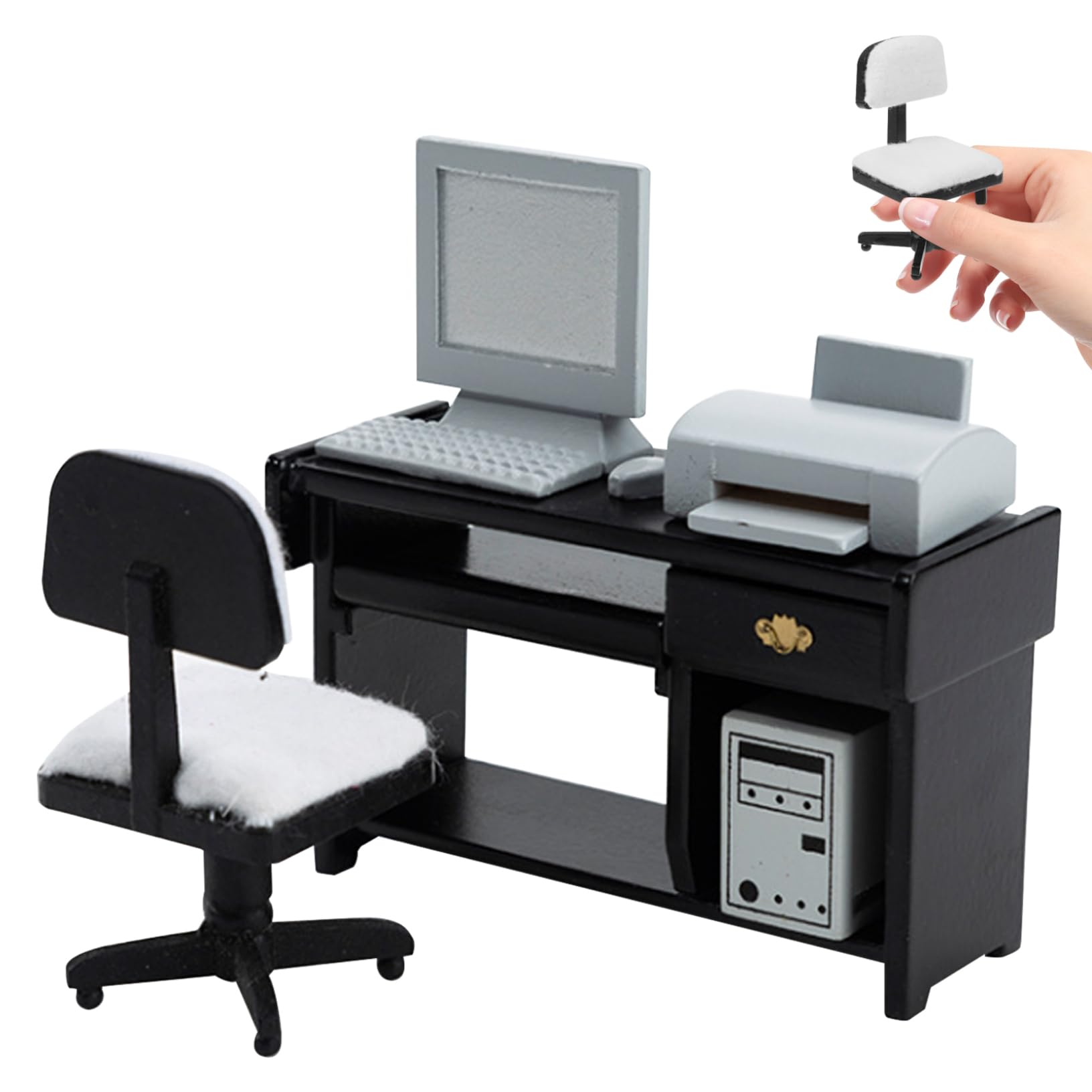 Ameble Miniature Desk 1 12 Wooden Dollhouse Office Furniture Set with Table Chair Computer and Printer, Simulation Dolls House Accessories Decor