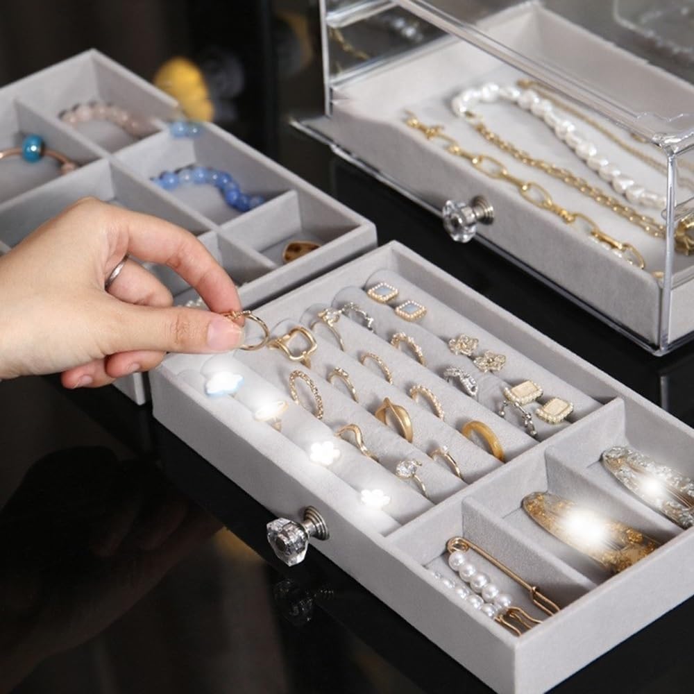 Caja de almacenamiento de joyas de terciopelo acrílico con 3 cajones para