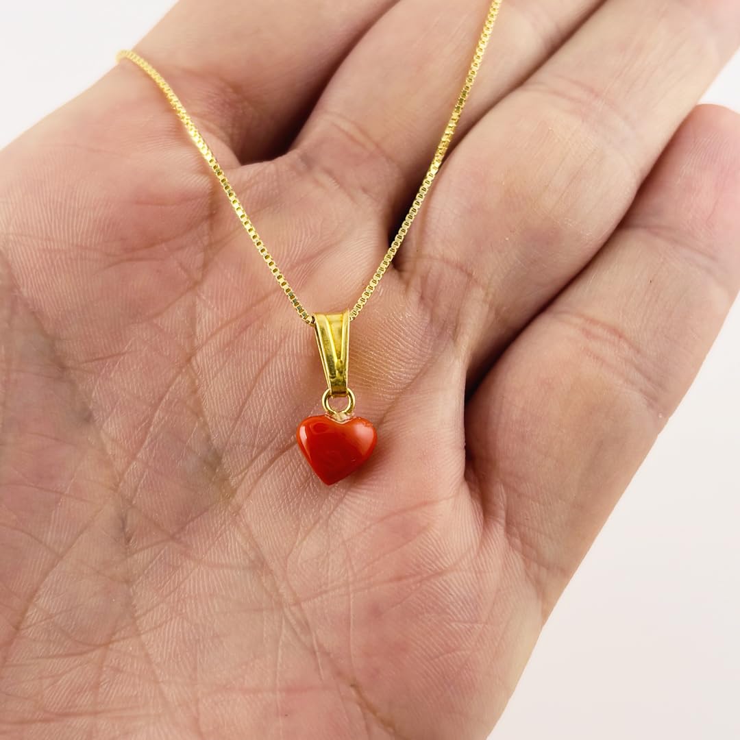 Ciondolo Cuore Donna in Corallo Rosso Naturale con Catena veneziana in Argento 925 Dorato cm 45 – Gioiello unico Made in Italy – Idea Regalo Elegante
