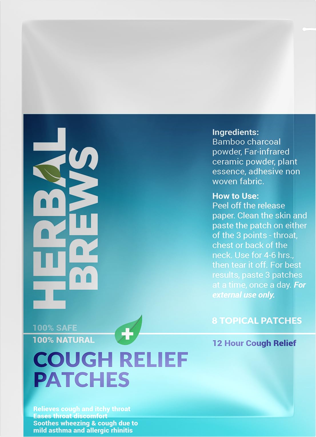 Herbal Brews - Cough Relief Decongestion Patch | Wearable Mess-Free, Soothing & Comforting, Natural Air-Activated Heat Therapy for Children Ages 6+ and Adults | Quick Relief from Runny Nose & Nasal Congestion | Lasts Upto 8 Hrs - 8 Patches