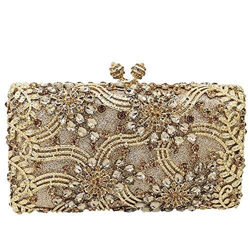 Boutique De FGG Women Flower Evening Bags Crystal Clutch Purse Wedding Rhinestones Handbags Bridal Party Minaudiere Bag,Mini Small Gold