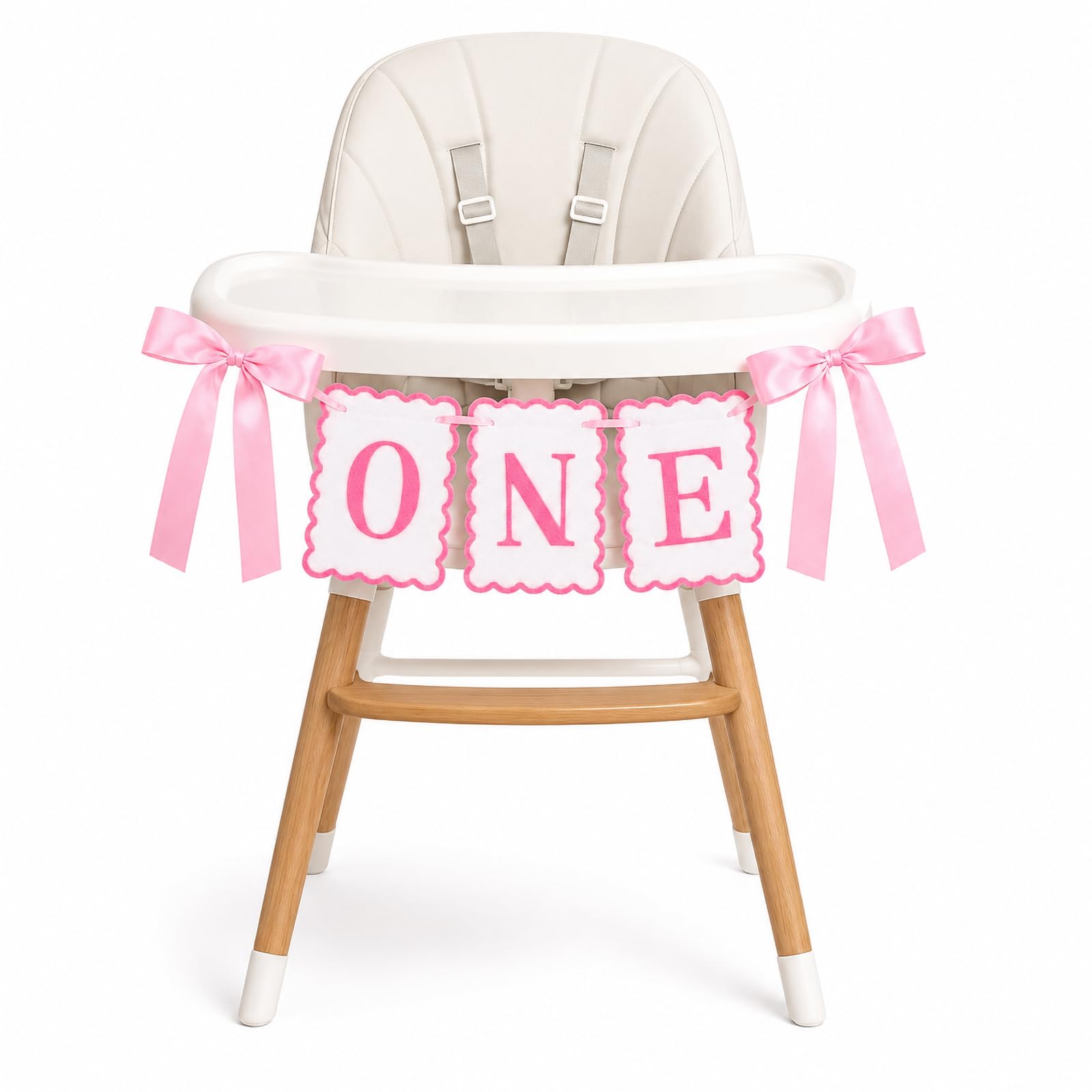 ONE High Chair Banner Pink Bow, 1st Birthday Decorations for Girls